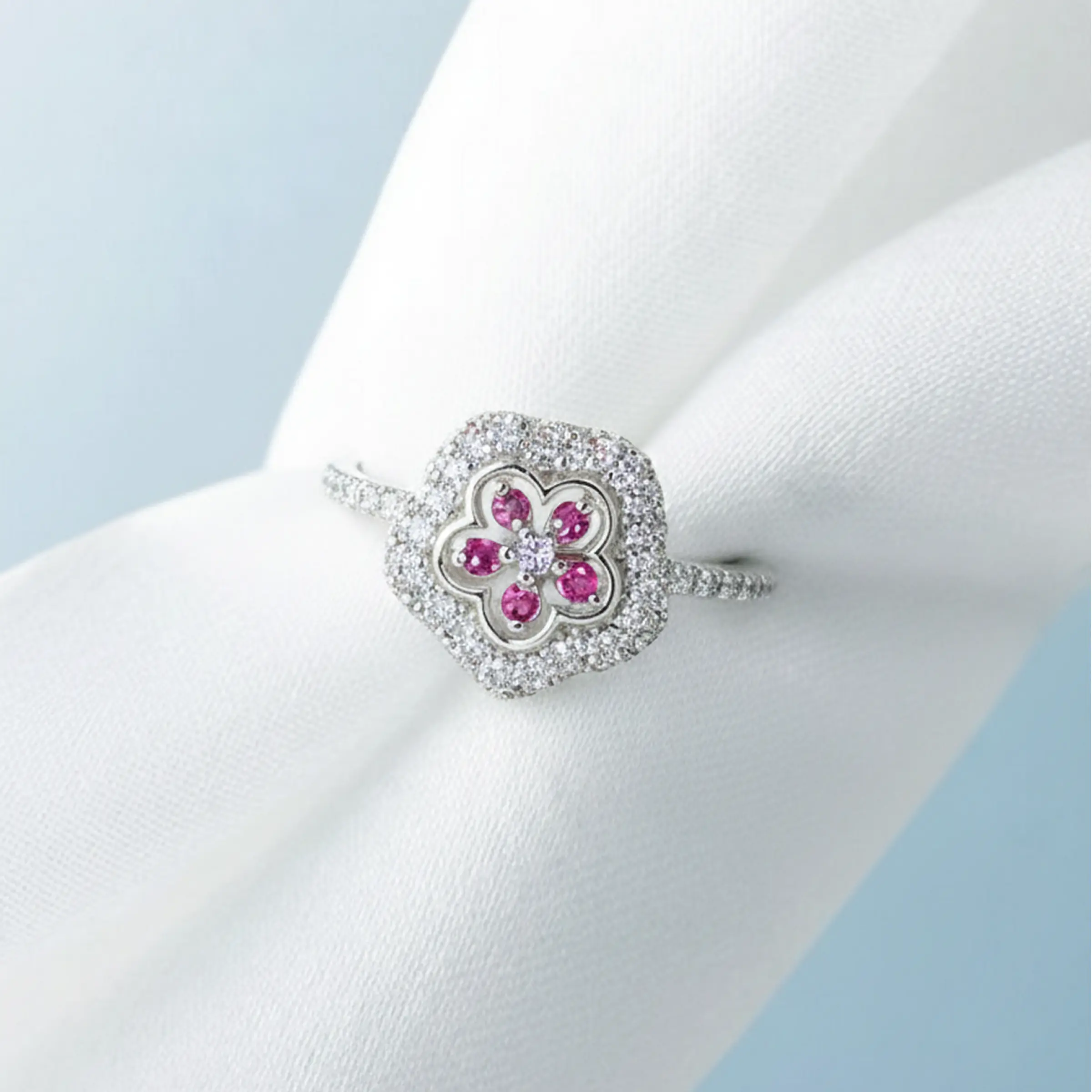 Rose garnets Flower Petal Silver Ring