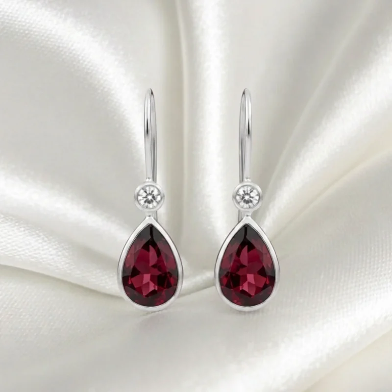 Red Garnet  Soft Pear Silver Drop Earrings